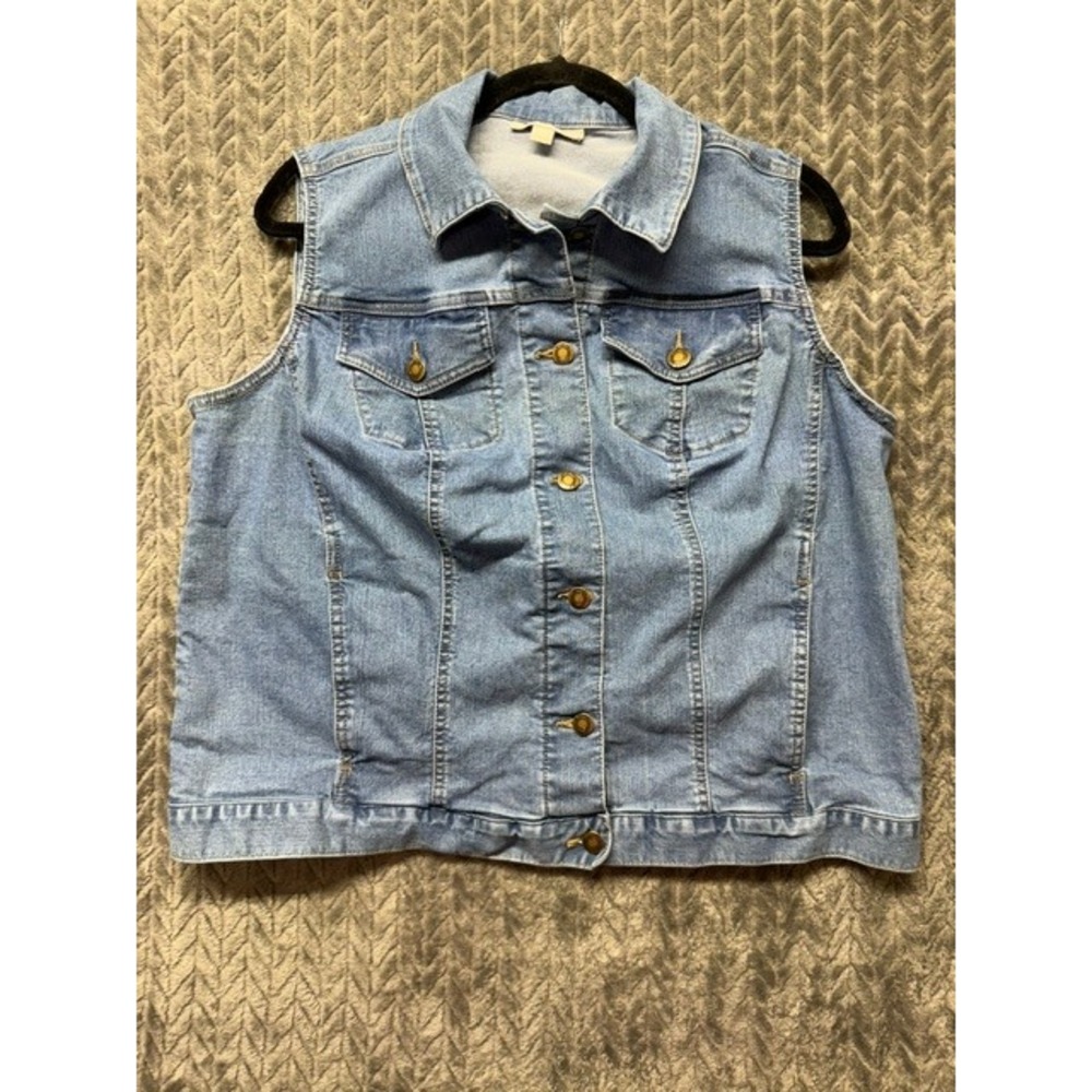 Woman Within Womens Blue Denim Vest Medium Wash Stretch Button Front Sz 16W 0407